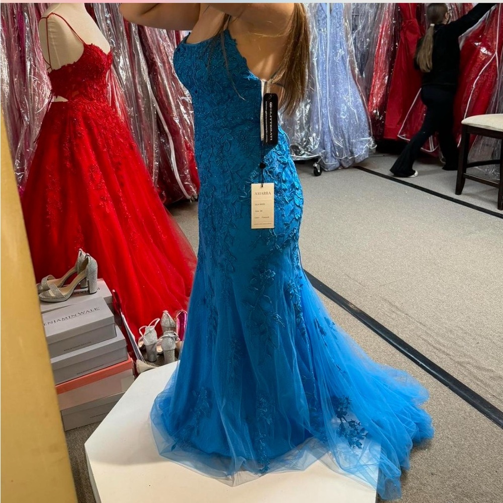 Peacock Blue Floral Lace prom dress